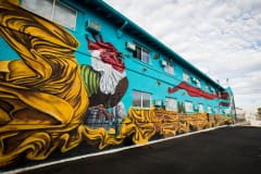 A giant cartoon rooster has a path of bees coming from its beak. Its tail feathers also look like draped fabric, which extends under the rooster's feet and along the bottom length of the building. A rabbit hides at the rooster's feet.