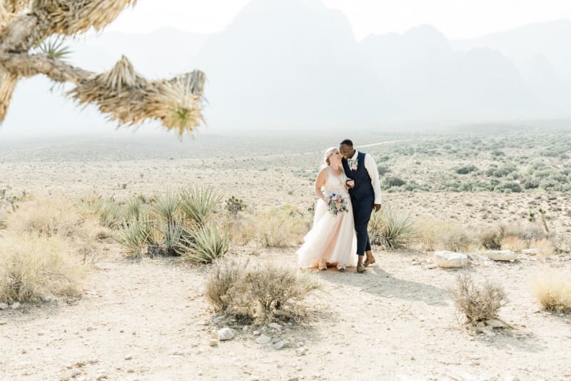 Bride and groom walking in desert.