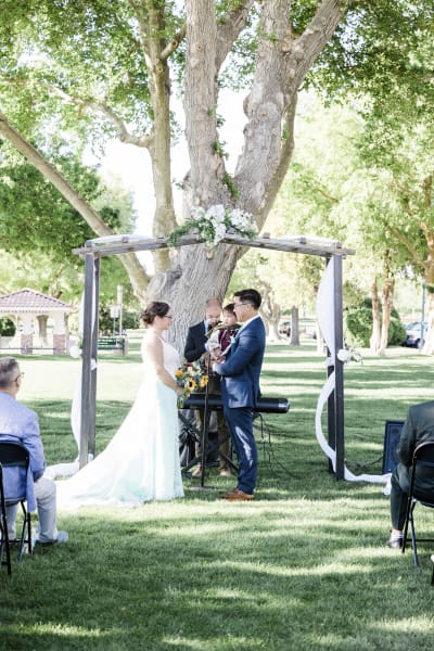 A wedding ceremony takes place under a large tree in a park in Boulder City.