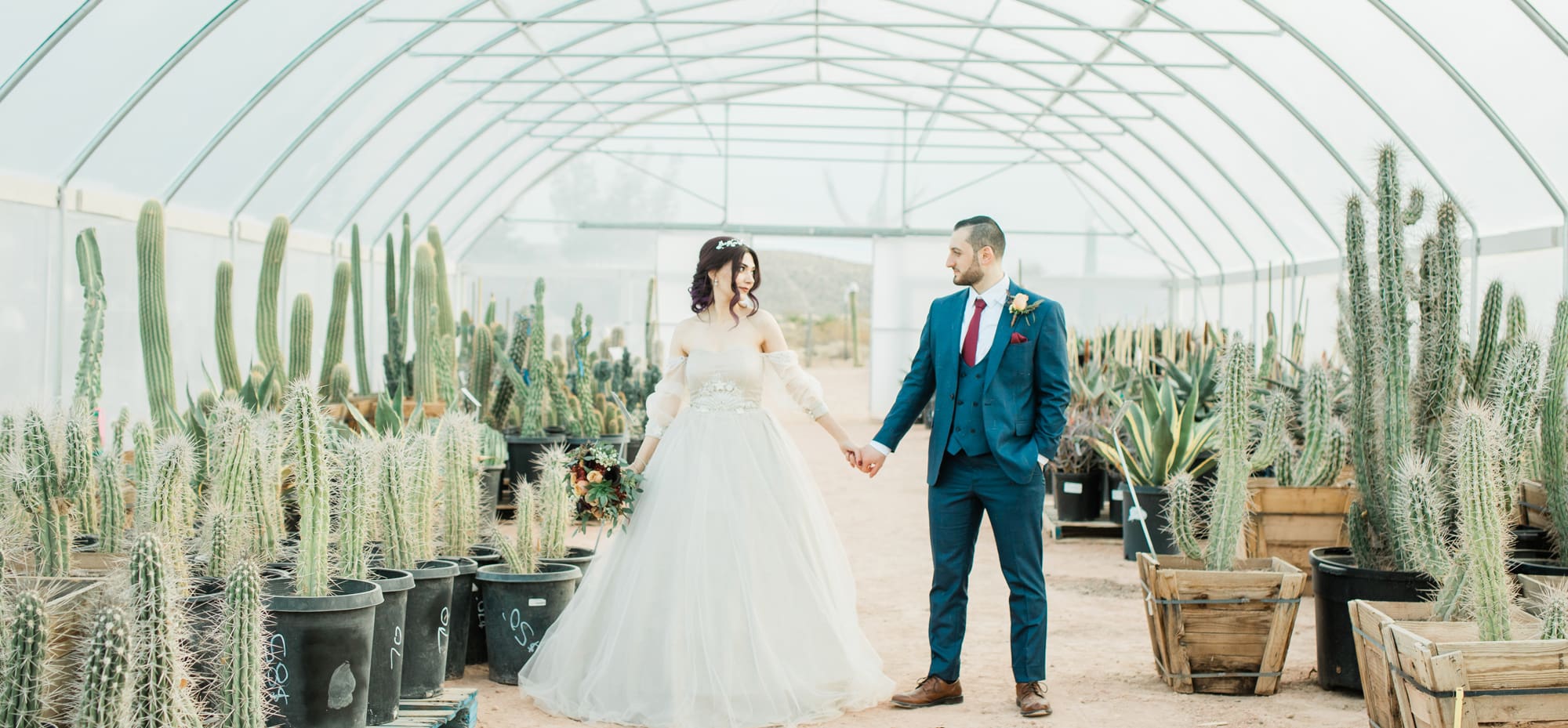 Wedding couple walking through greenhouse.