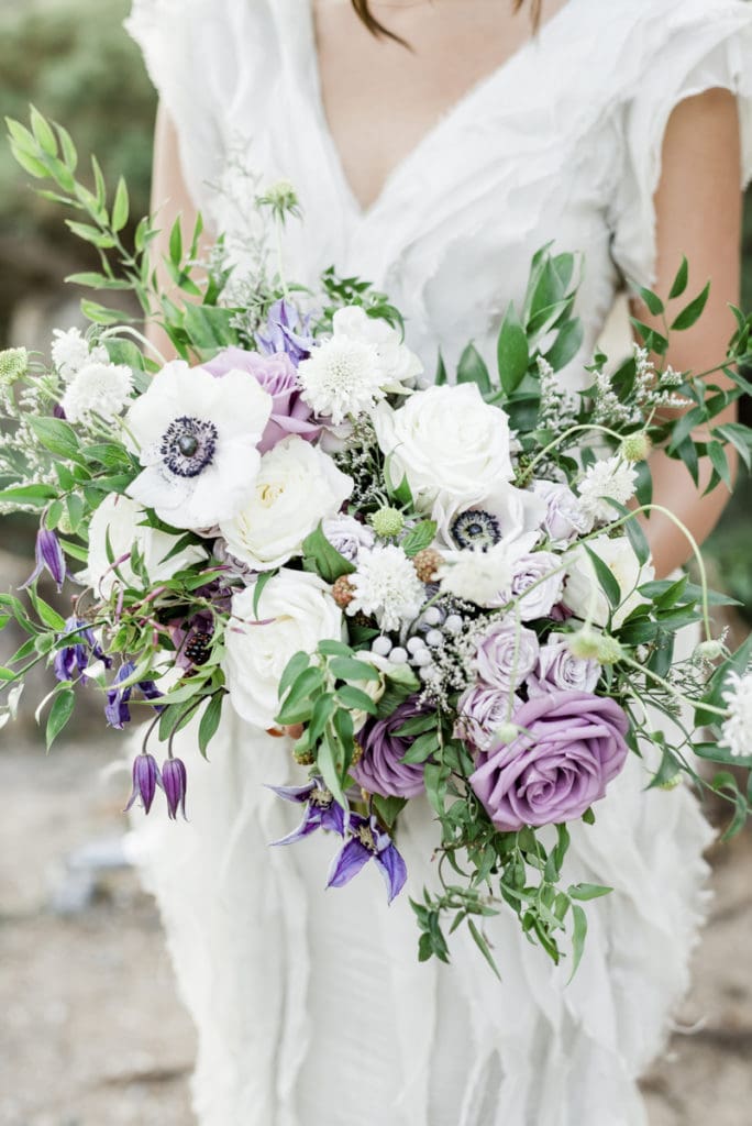 White, purple and green bouquet of flowers